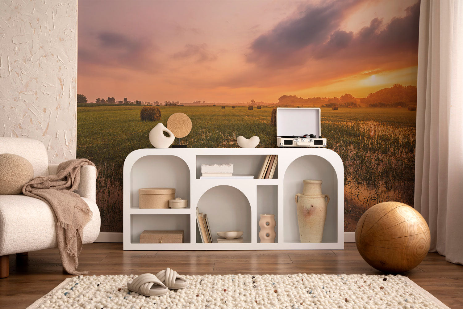 Autumn Sunrise Over Hay Field Wall Mural