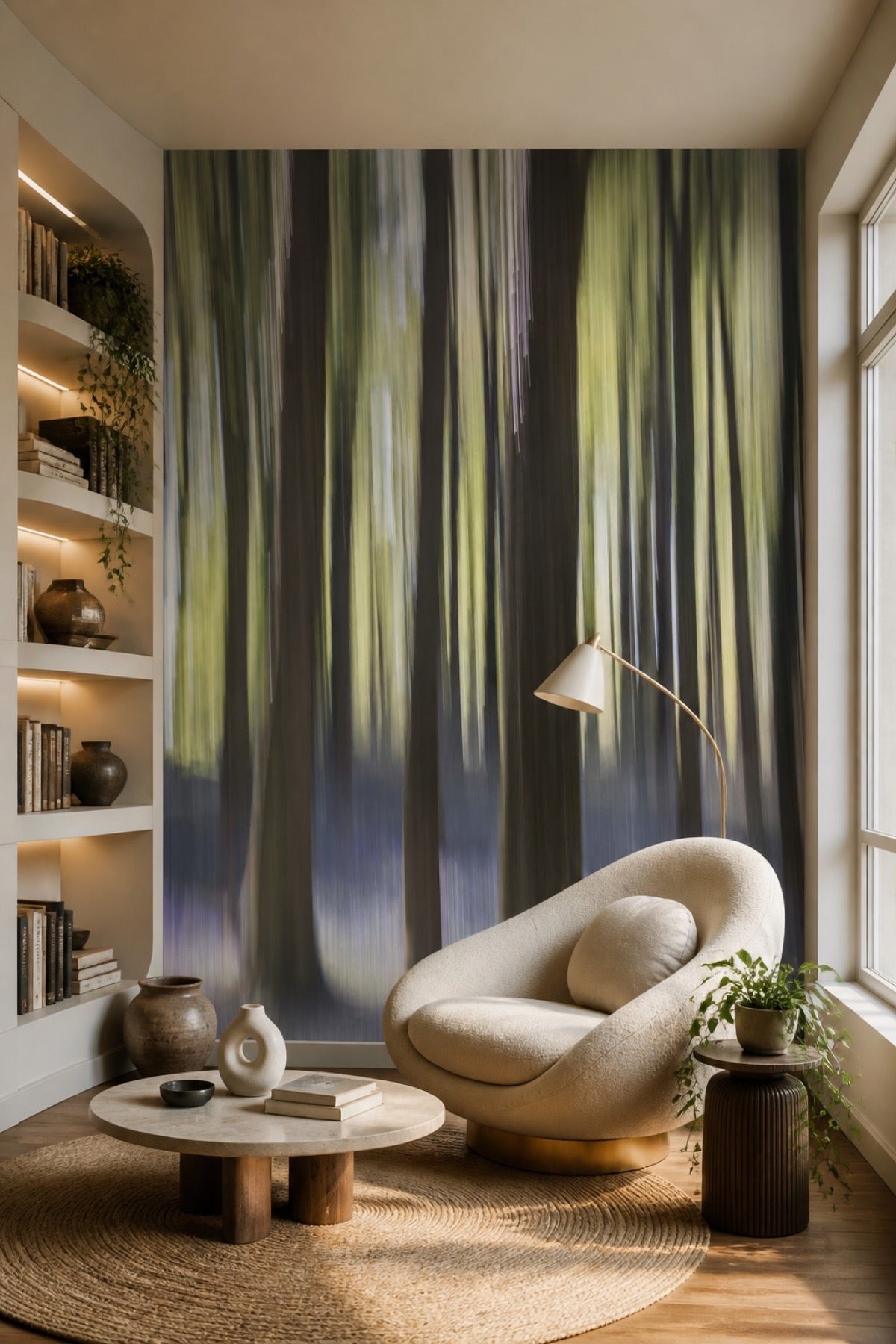 Abstract Motion Forest Wallpaper Mural in a living room reading nook - Eazywallz