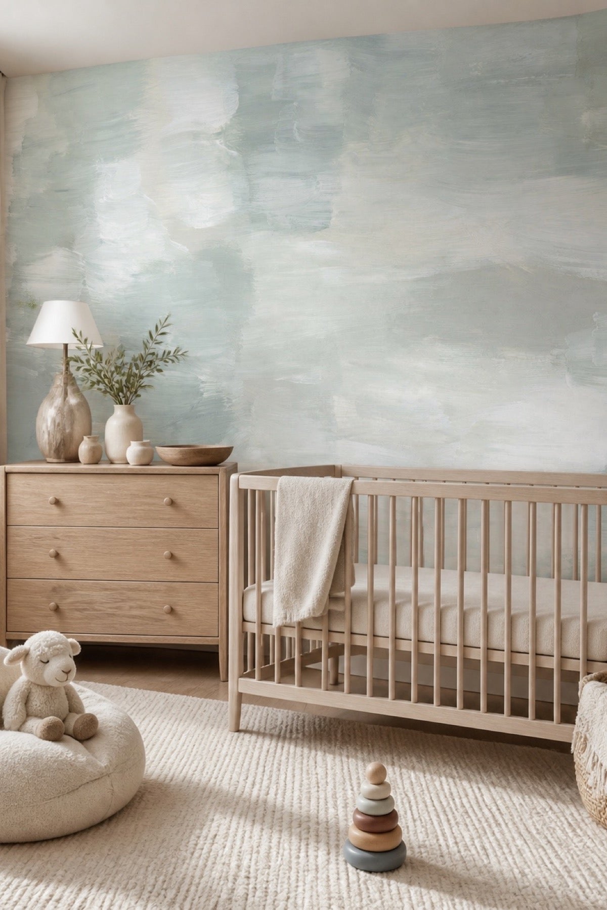 Abstract Taiga #2 wall mural in a neutral nursery with a wood spindle crib and dresser
