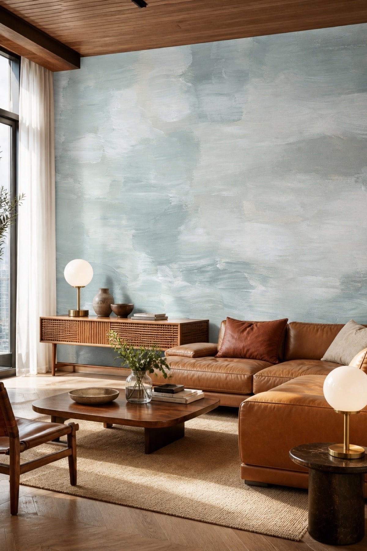Abstract Taiga #2 wall mural behind a leather sectional sofa and round coffee table in a living room