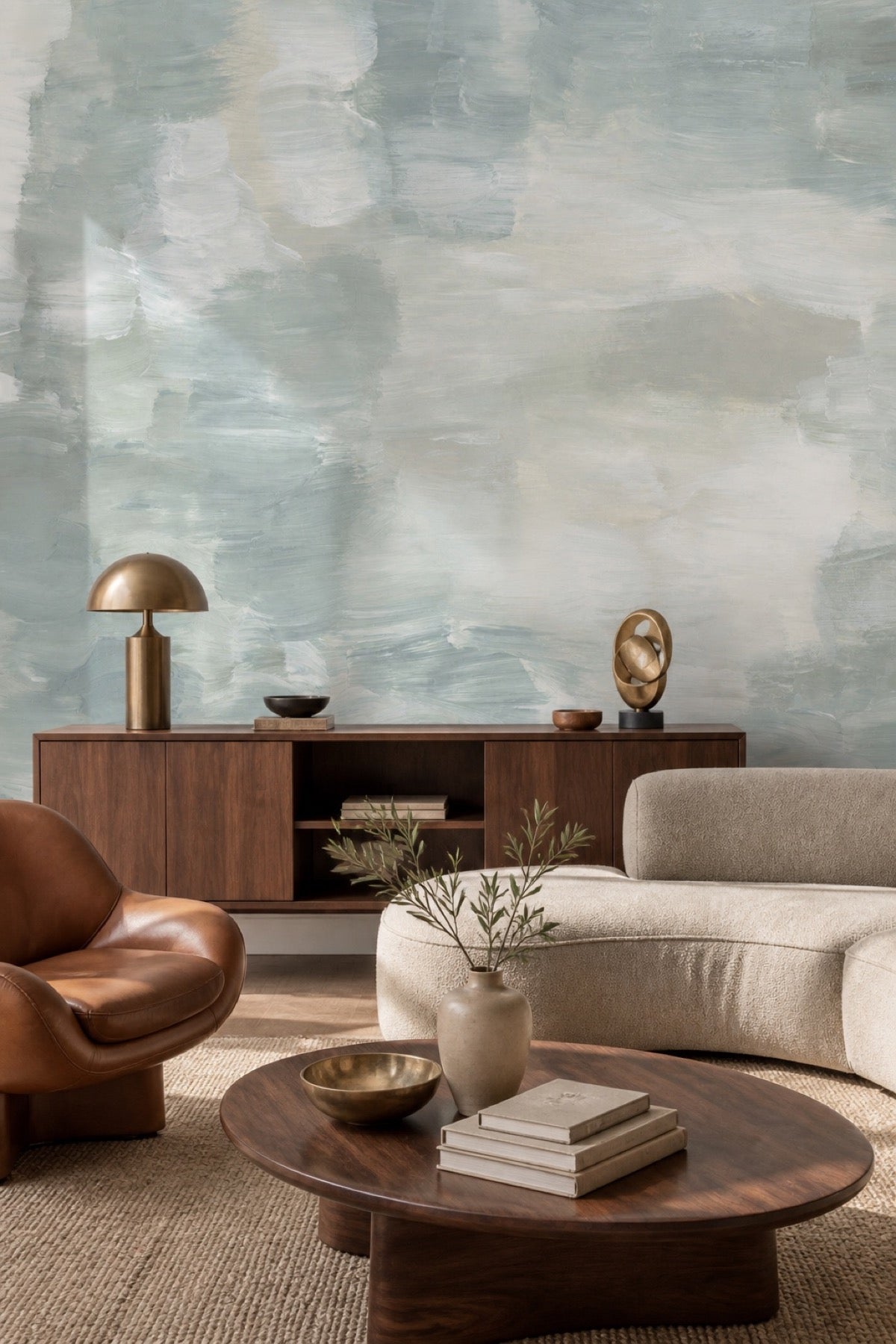 Abstract Taiga #2 wall mural in a modern living room with leather chair, walnut sideboard, and brass lamp
