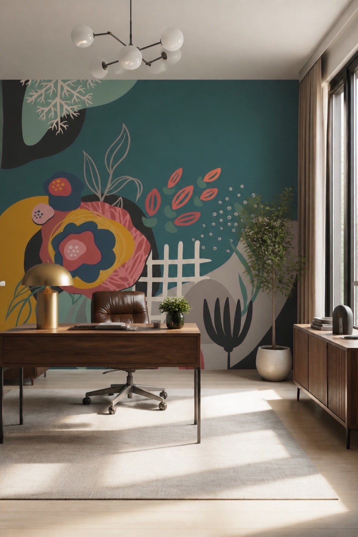 Abstract Floral Card 5 mural in a modern home office