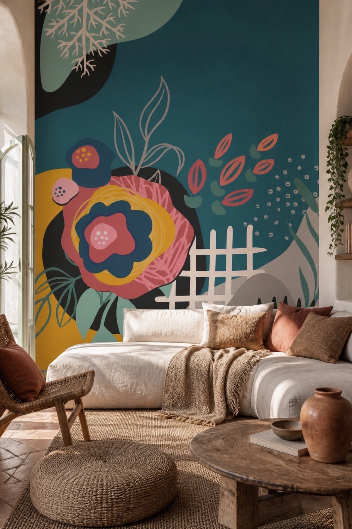 Abstract Floral Card 5 mural in a Mediterranean-style living room
