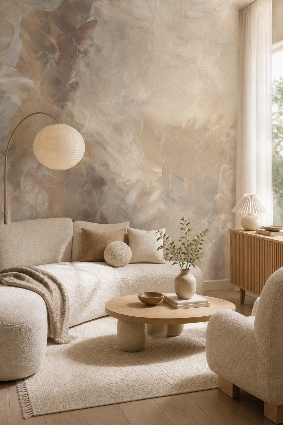 Abstract Gobi wall mural in a neutral bohemian living room with a boucle sofa