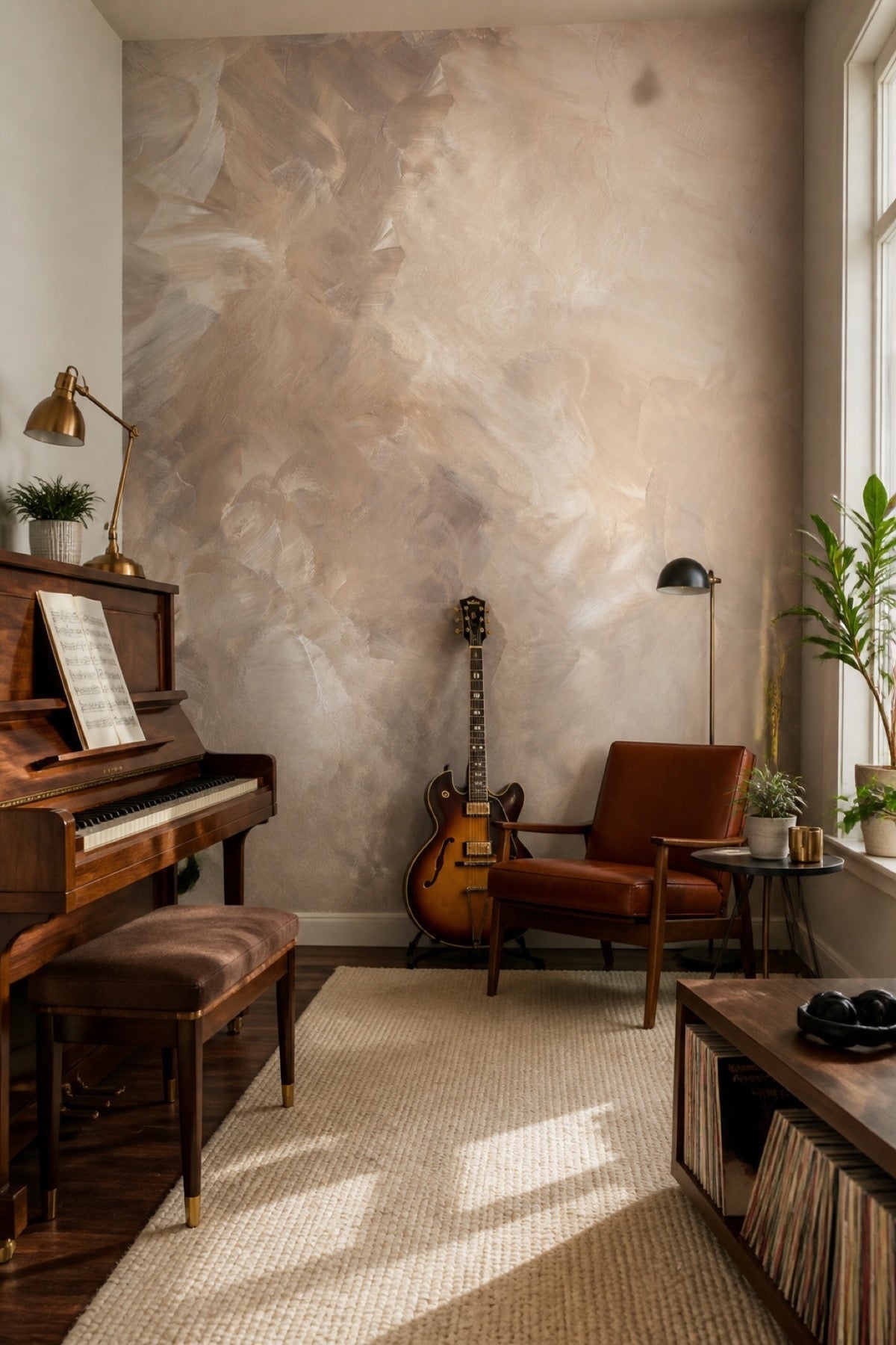 Abstract Gobi wall mural in a bohemian music room with piano and vintage guitar