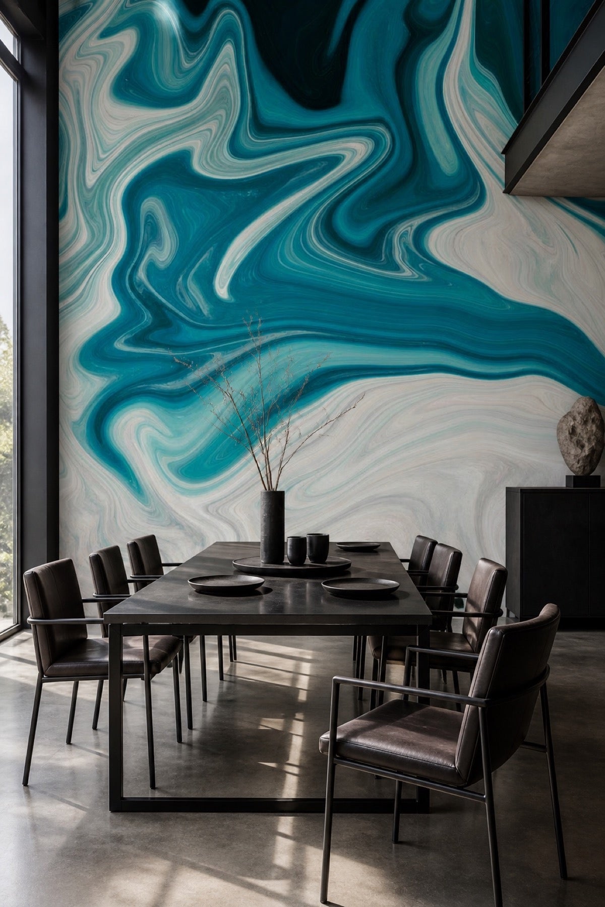 Abstract marble wall mural installed in a moody dark dining room