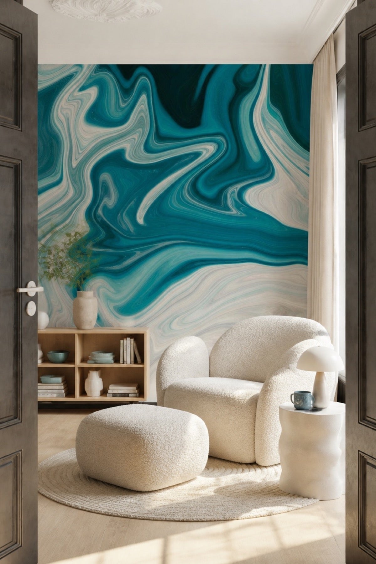 Teal marble wall mural installed in a bright living room seen through an open doorway
