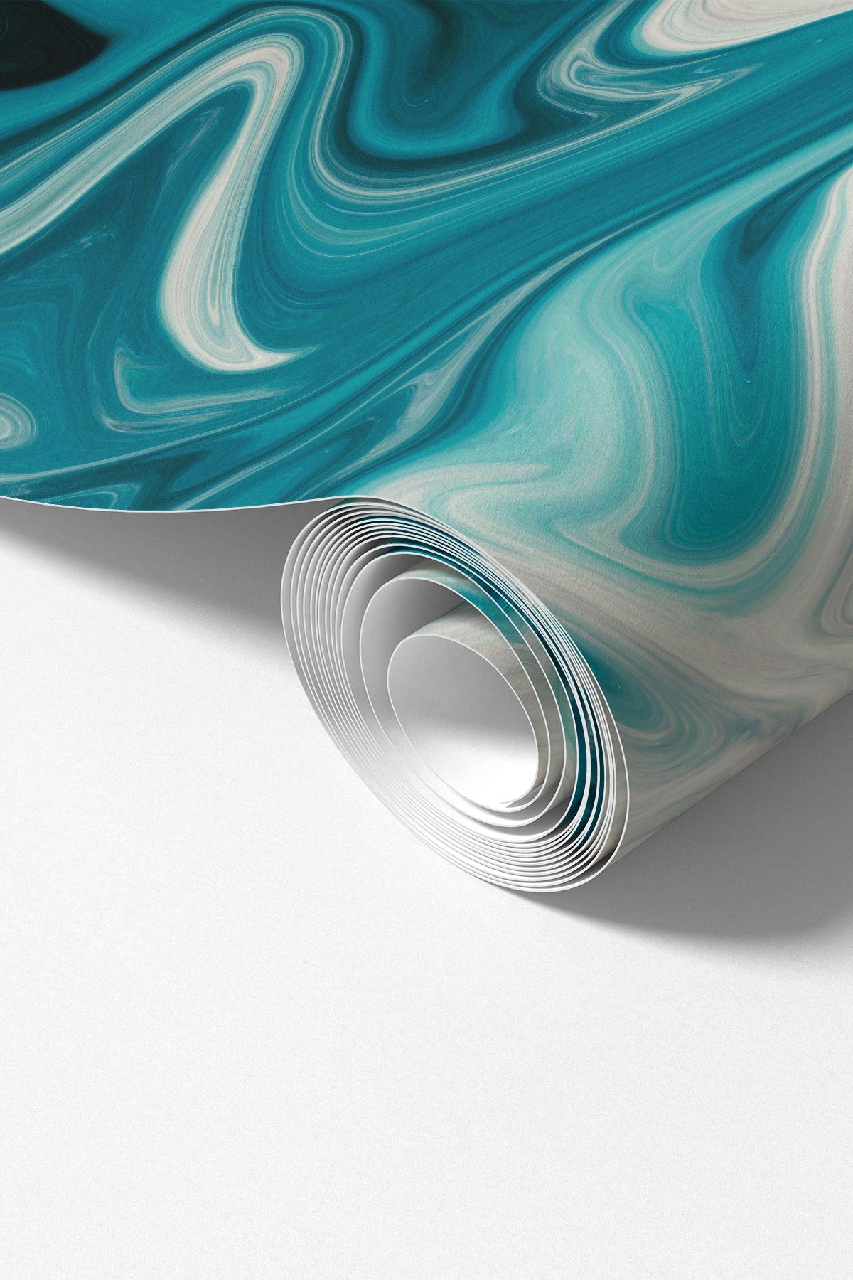 Rolled wallpaper roll showing the Abstract Sea of Marble teal marbled pattern