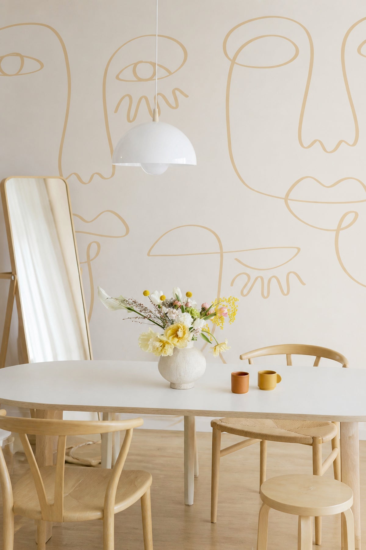 White Gold Minimal Abstract Faces mural in a dining room