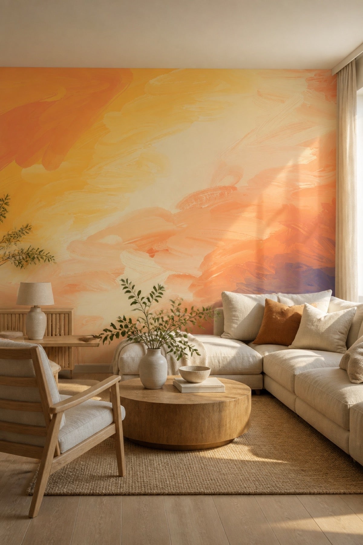 Abstract Sunset wall mural installed in a modern living room with sectional sofa