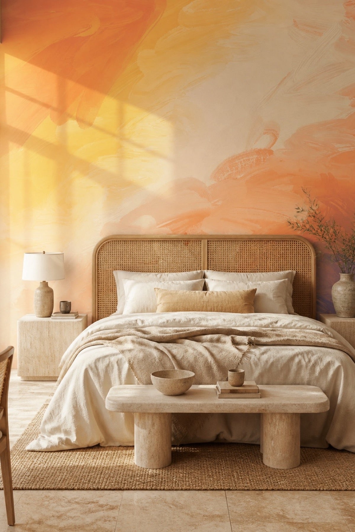 Abstract Sunset wall mural installed behind a rattan bed in a bedroom