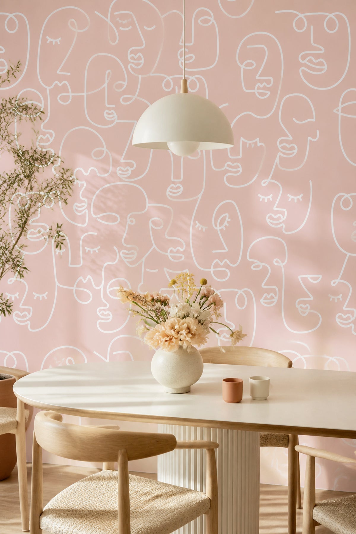 Pink Abstract Line Faces Wall Mural in a dining room
