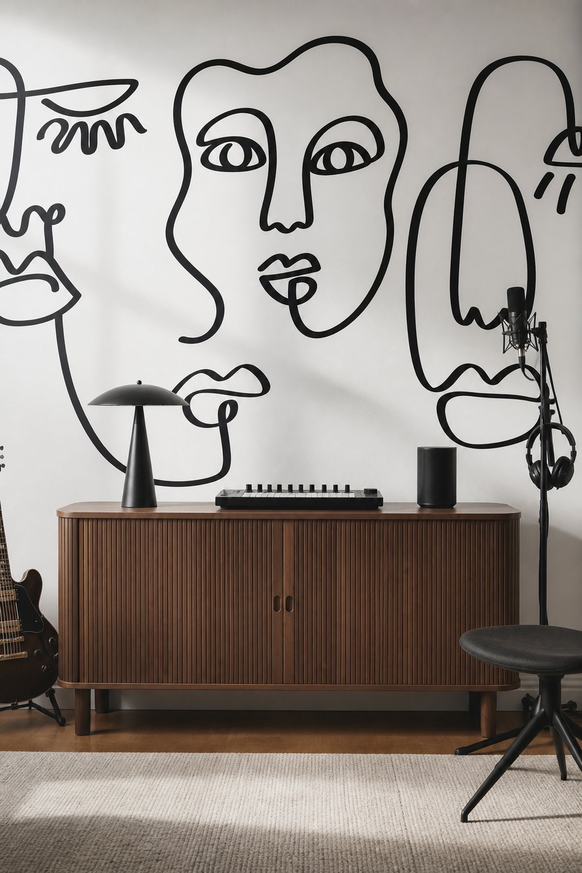 Bold Black Abstract Line Faces mural in a home office