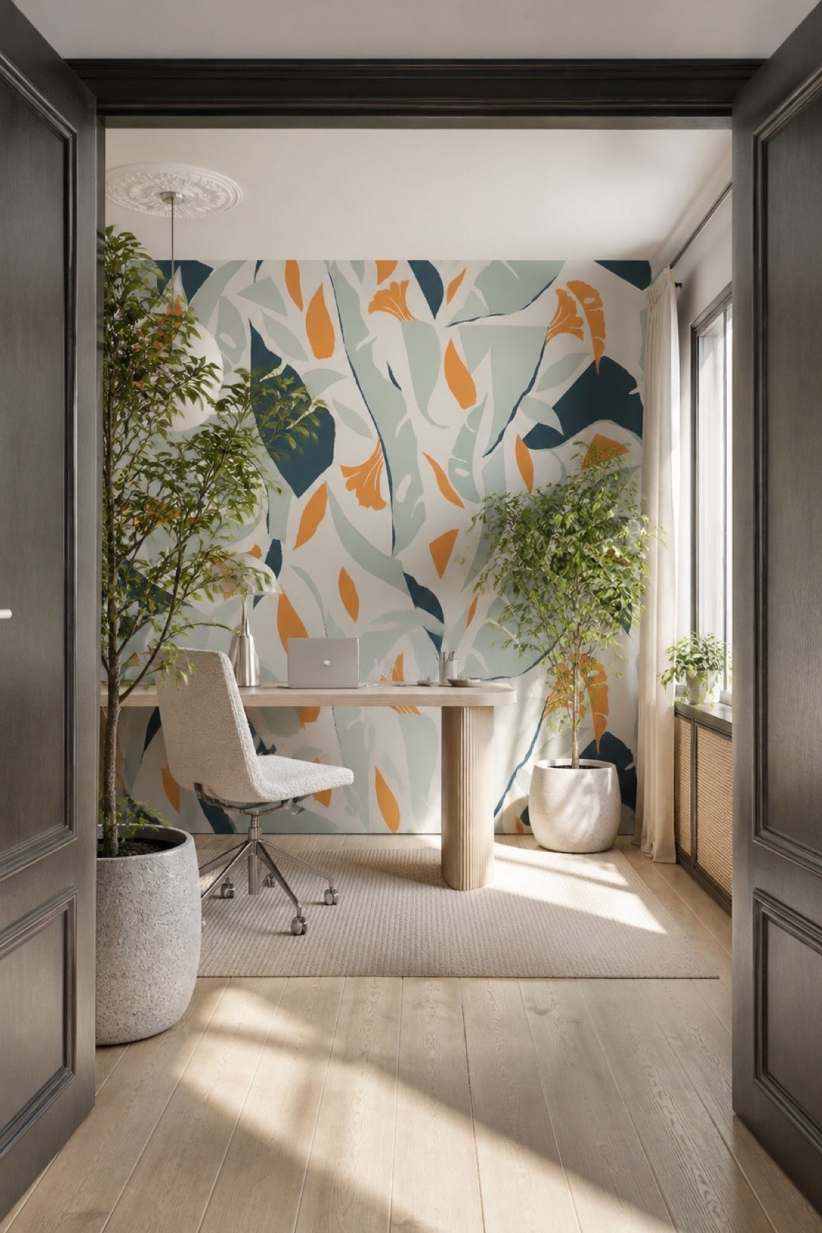 Abstract Jungle Mix wall mural in a home office with a wood desk and potted plants