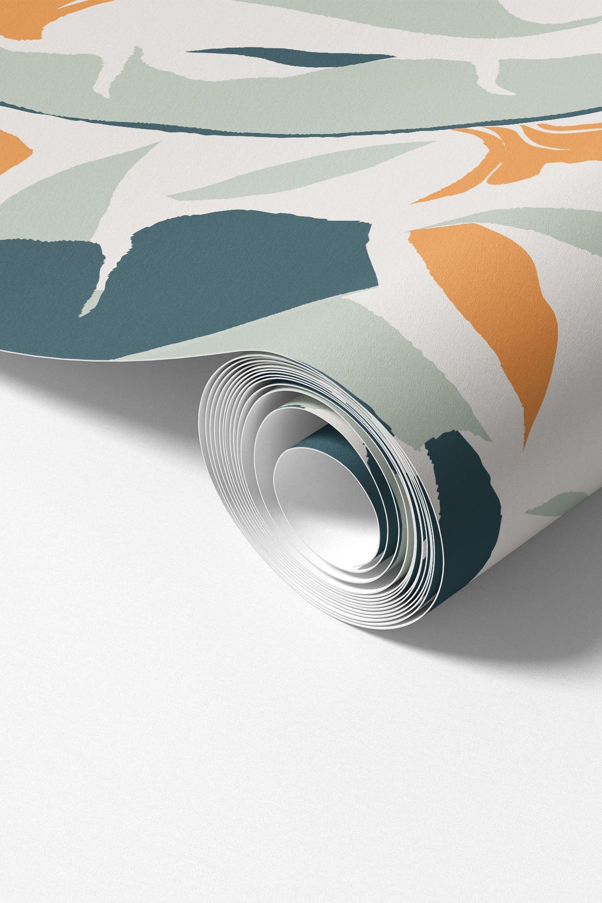 Abstract Jungle Mix wall mural rolled sample showing sage green, navy, and orange abstract leaf pattern