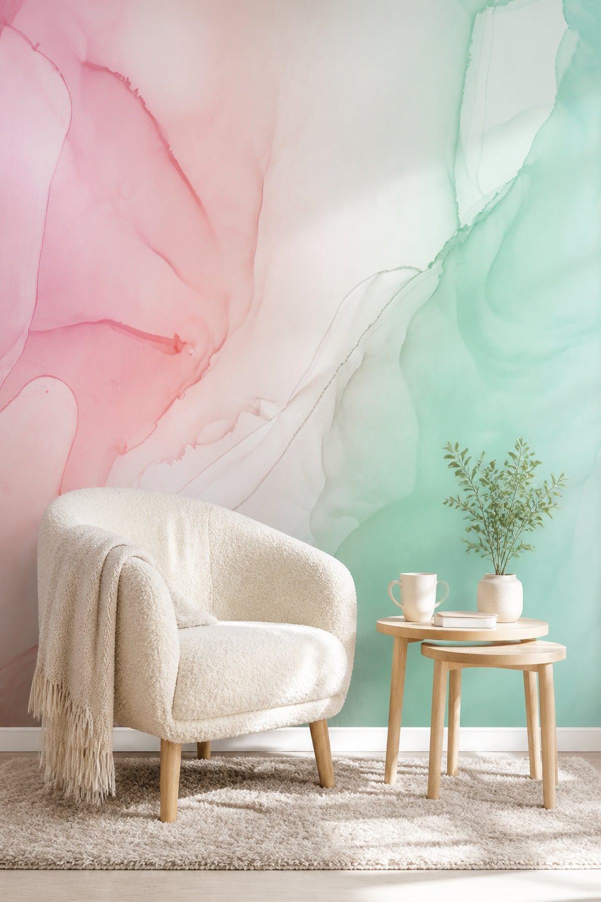 Frozen Pink Ink Utopia wall mural behind an armchair