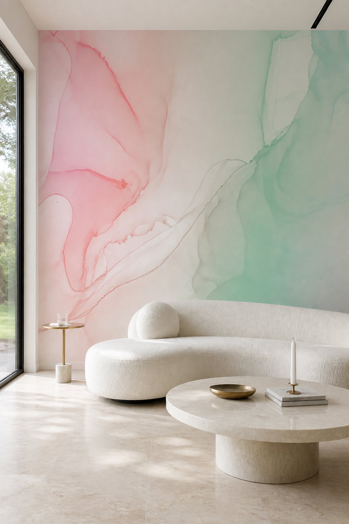 Frozen Pink Ink Utopia wall mural in a modern living room