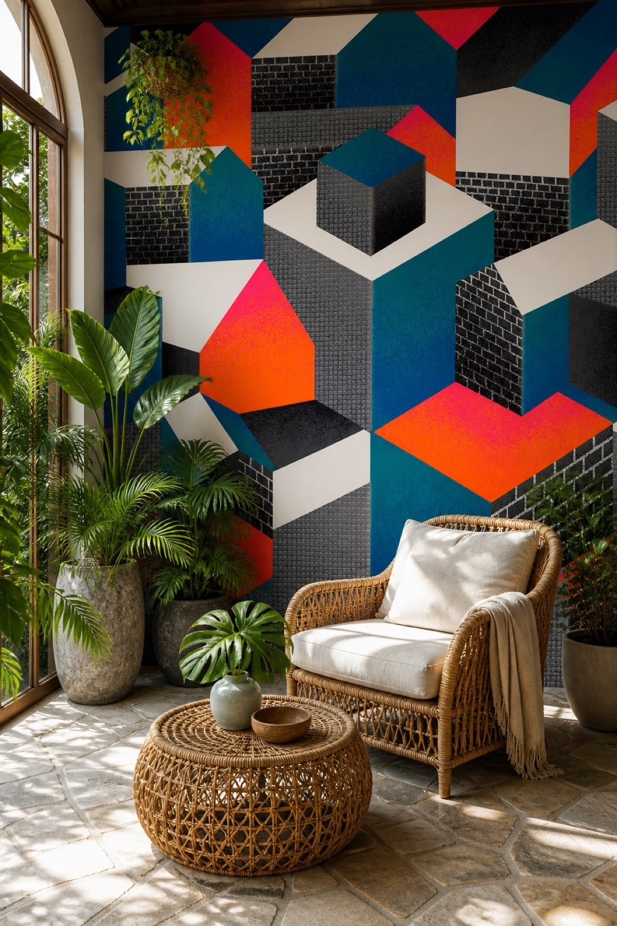 Abstract Bauhaus Houses wall mural in a sunroom with rattan armchair and plants