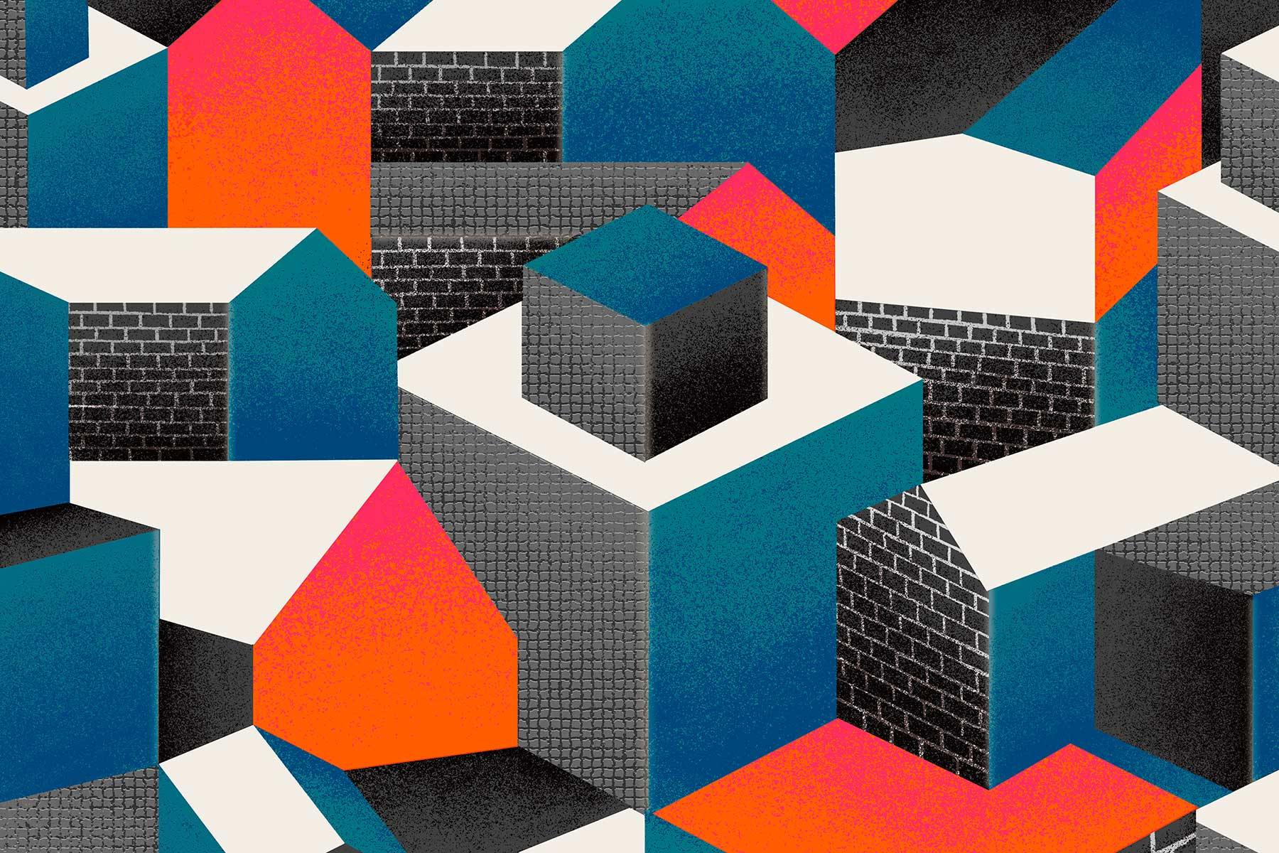 Abstract Bauhaus Houses wall mural pattern in blue, black, and orange geometric shapes