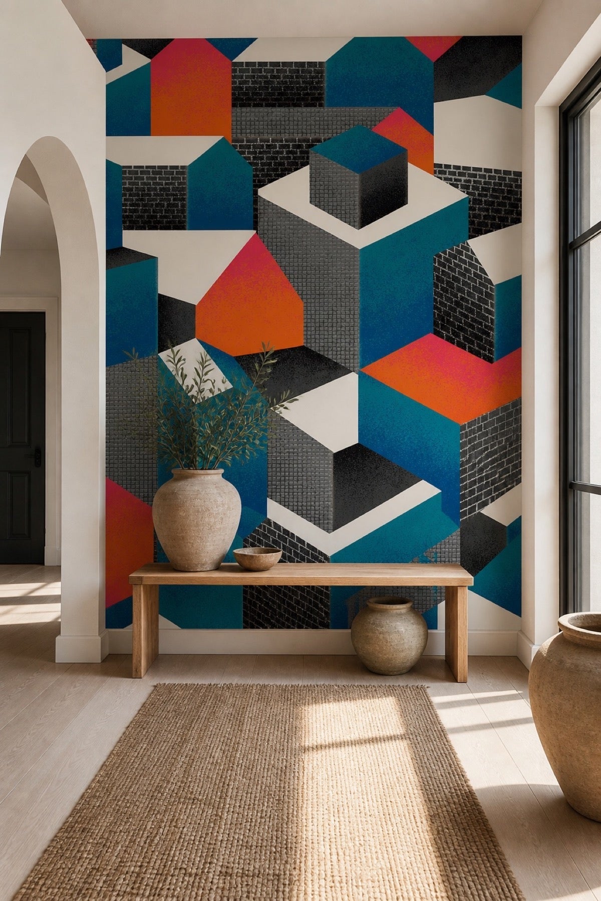 Abstract Bauhaus Houses wall mural in a modern entryway with wood bench and vases