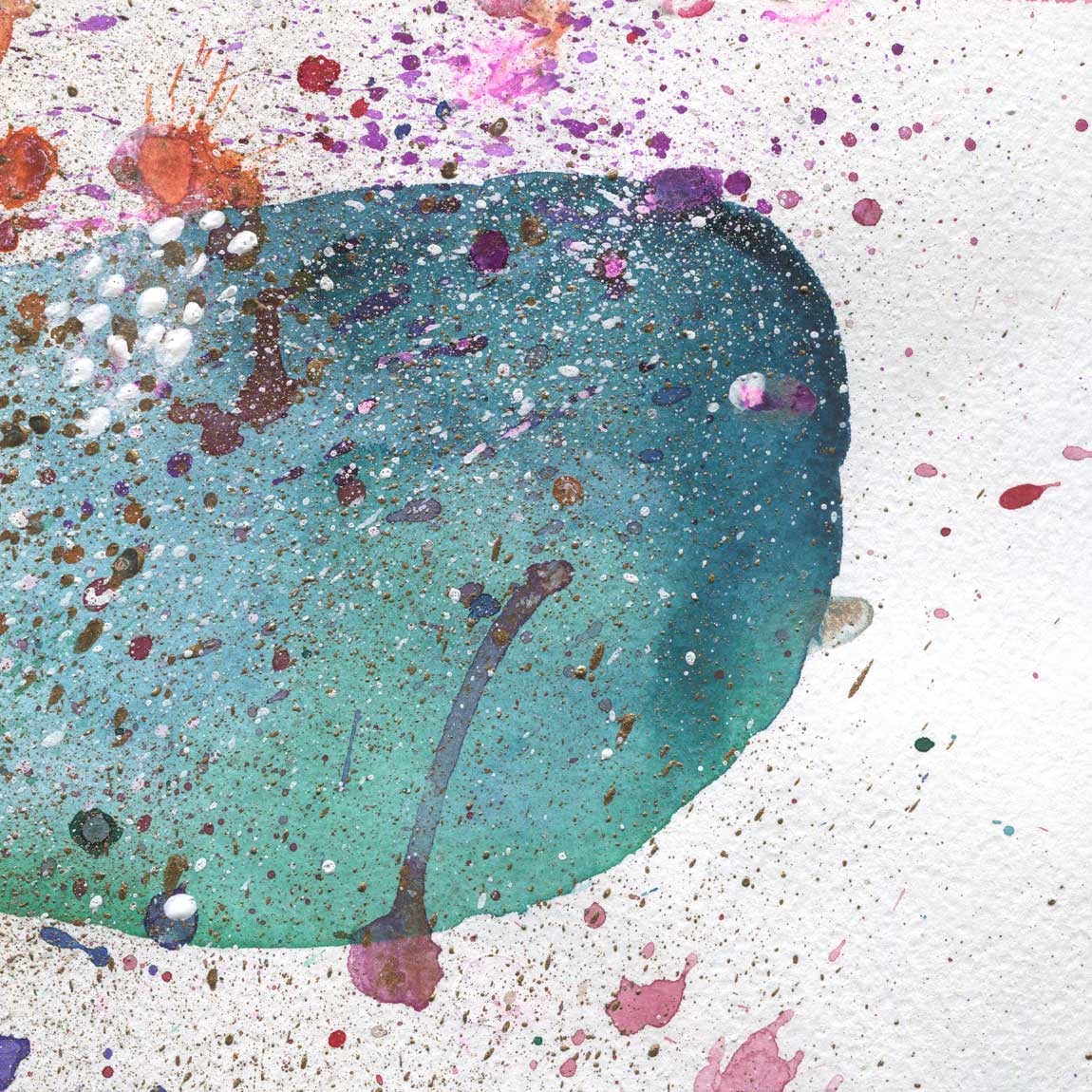 Abstract Paint Splat 3 wall mural artwork close-up, teal paint blot with pink and gold splatter accents