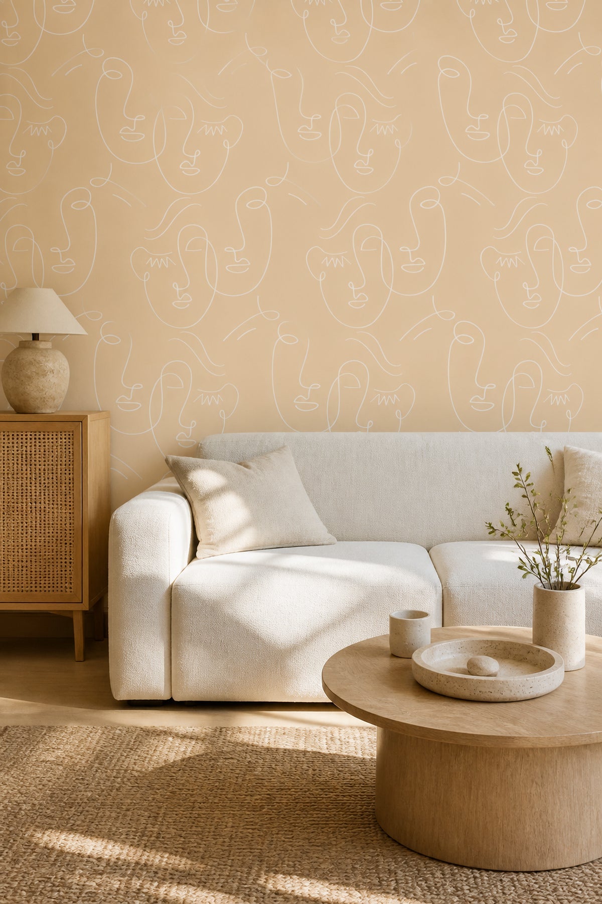 White Gold Abstract Twin Faces mural in a living room
