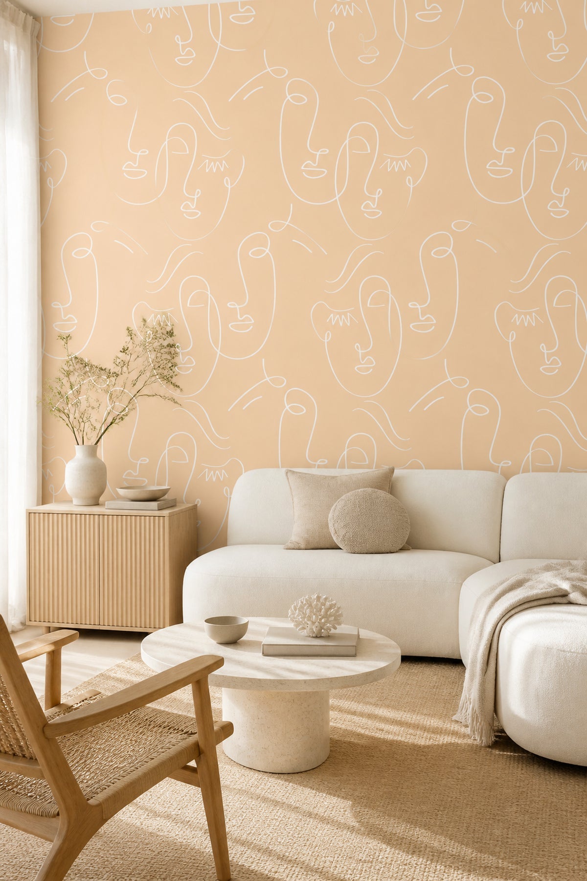 White Gold Abstract Twin Faces mural in a living room with sofa