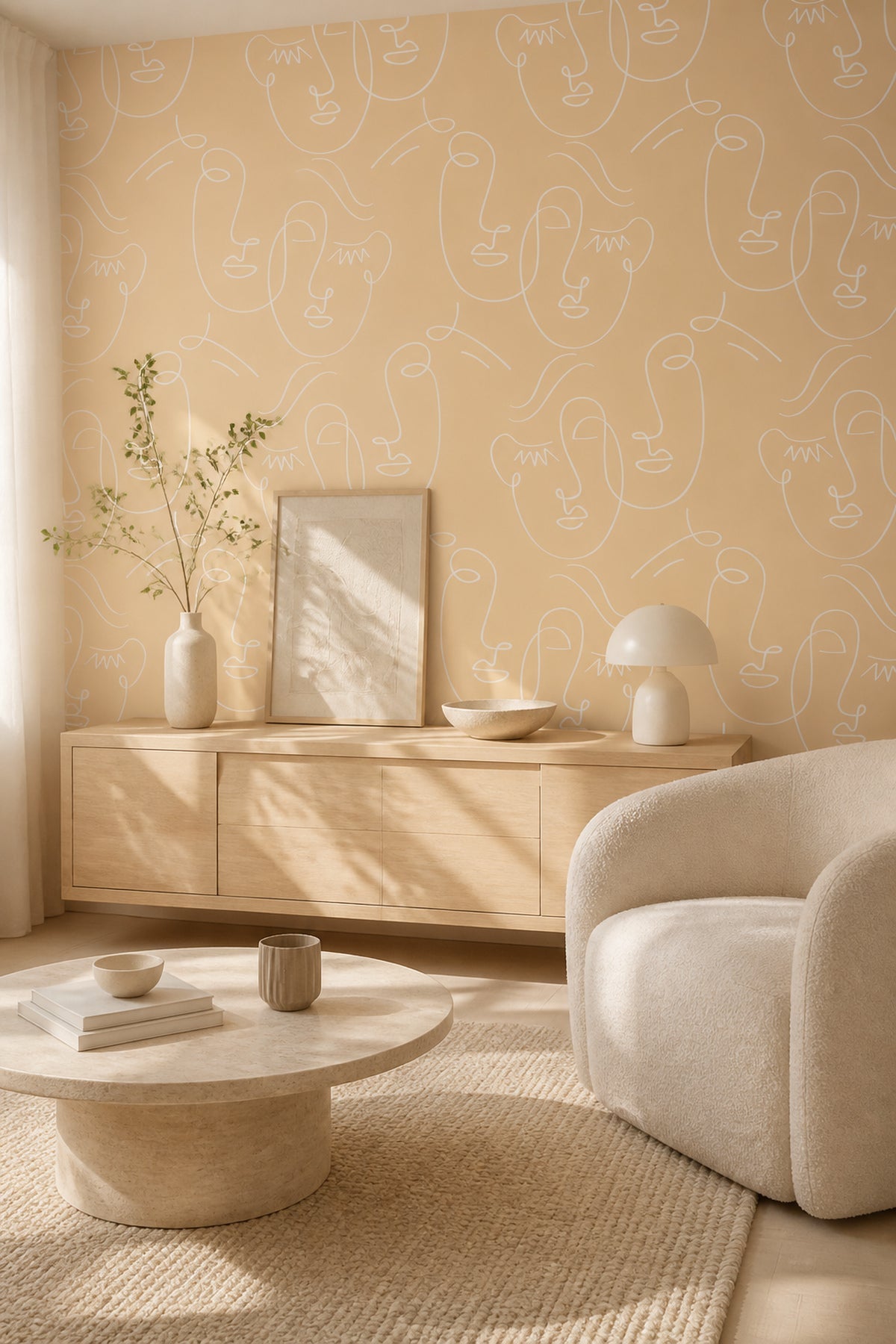 White Gold Abstract Twin Faces mural in a living room with credenza