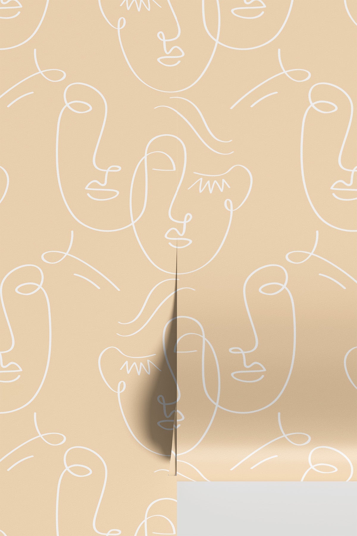 White Gold Abstract Twin Faces mural, standalone view