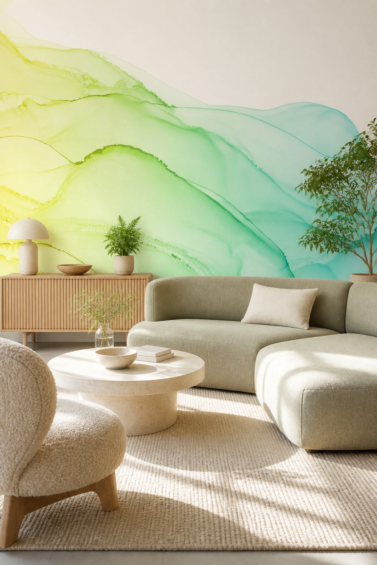 Paradise Green Ink Utopia mural in a sunlit living room