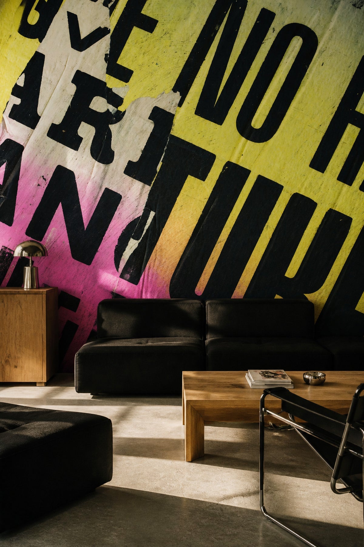 Urban Collage torn-poster wall mural in a modern industrial living room
