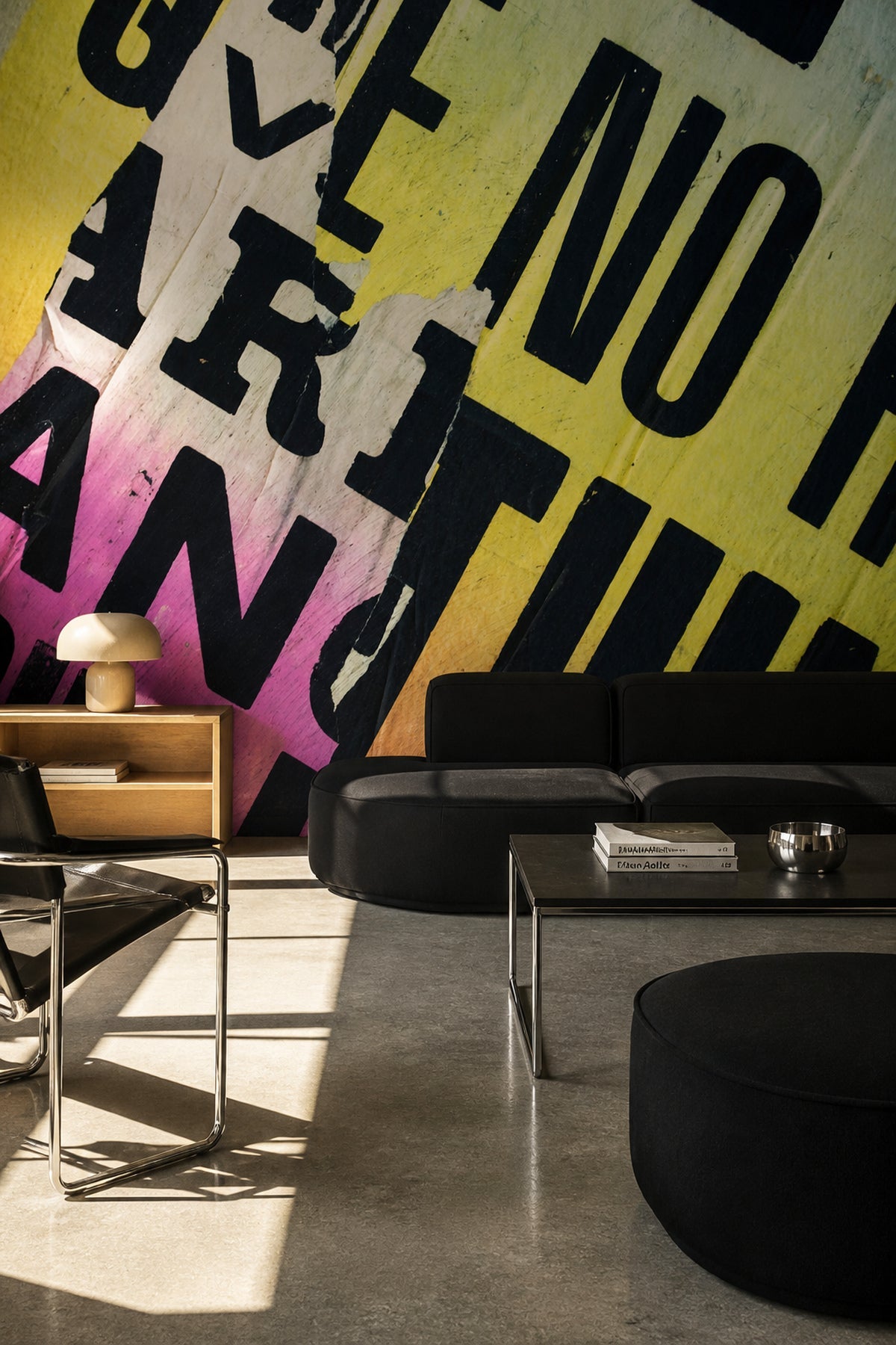 Urban Collage torn-poster wall mural in a living room, alternate angle