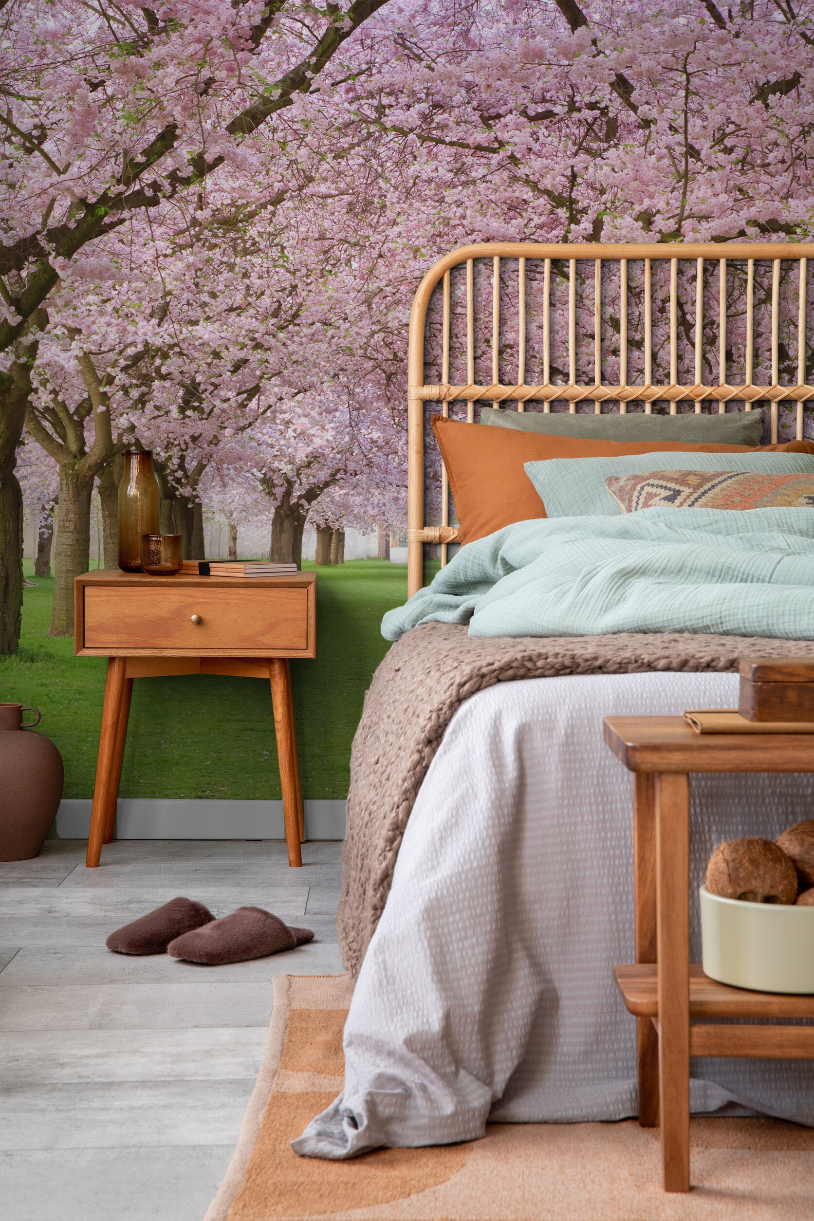 Rows of Beautifully Blossoming Cherry Trees Wall Mural