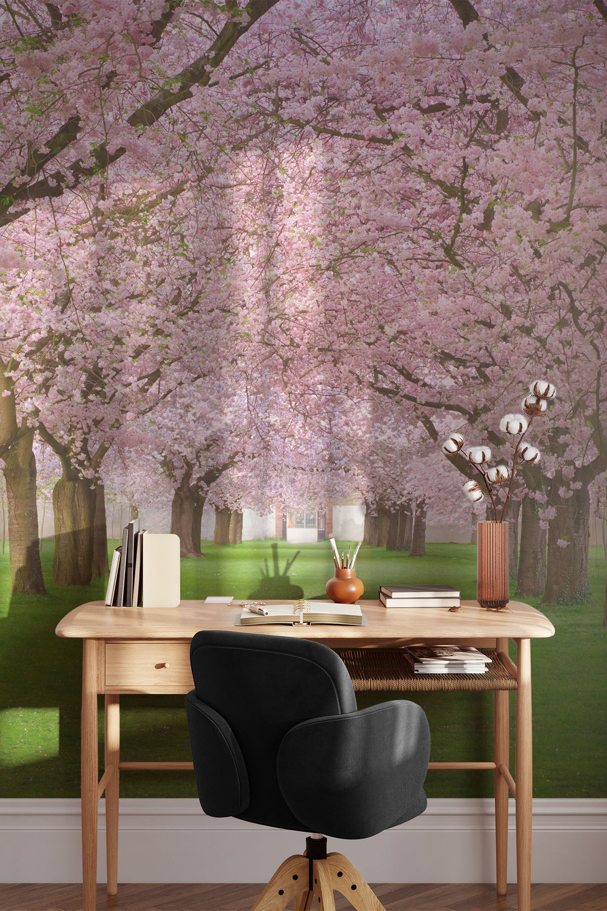 Rows of Beautifully Blossoming Cherry Trees Wall Mural