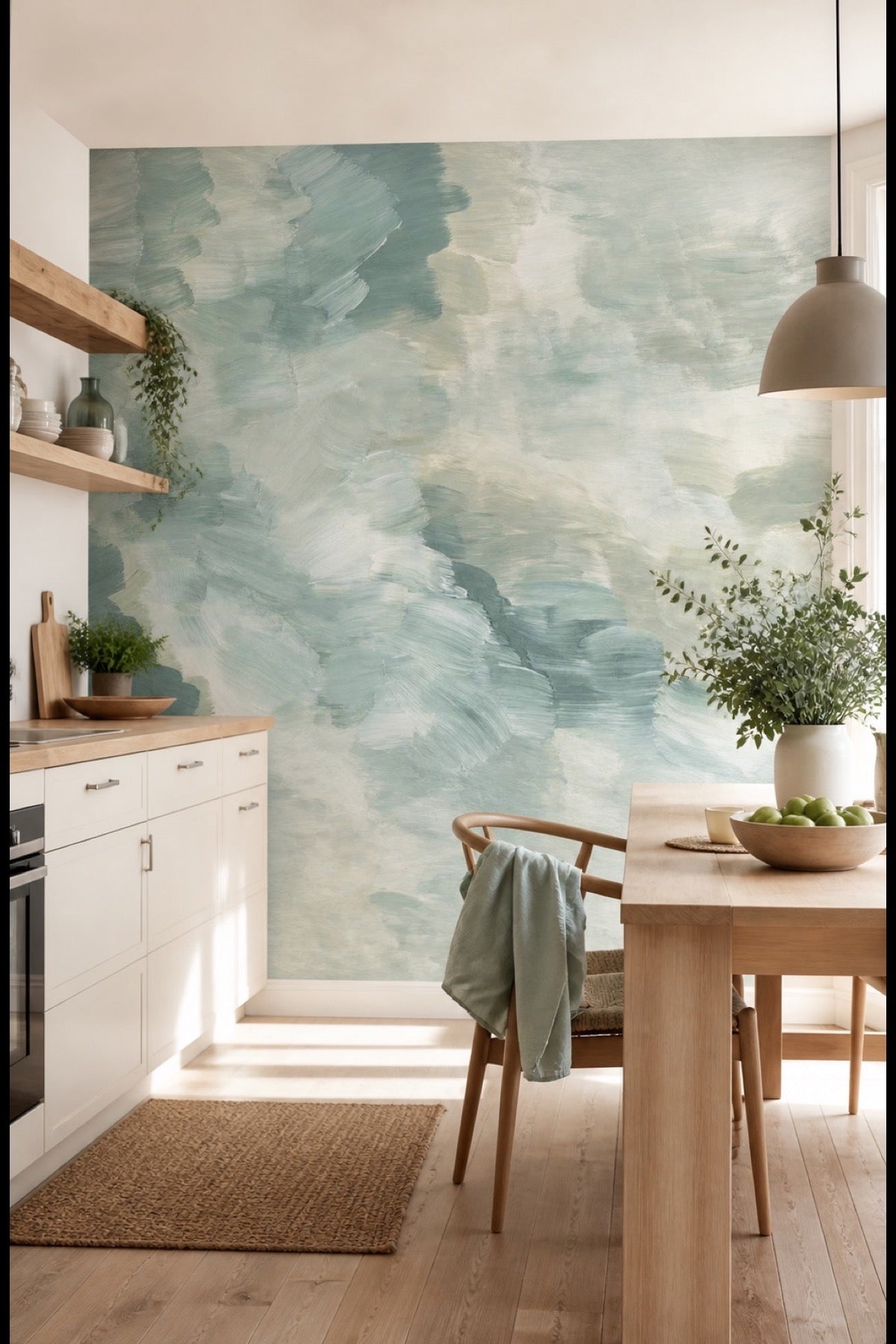 Abstract Taiga #1 wall mural installed in a kitchen dining nook