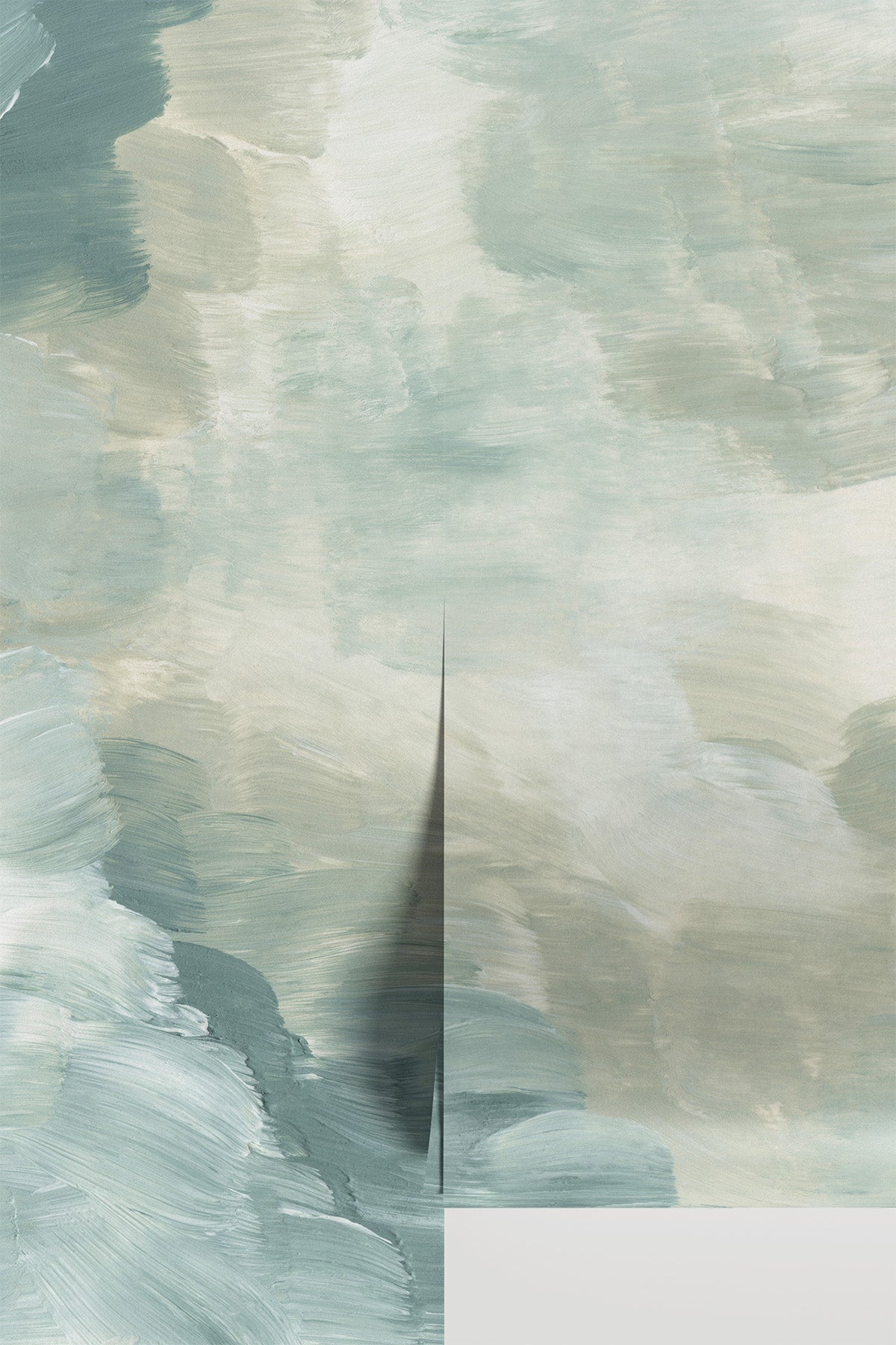 Abstract Taiga #1 wall mural shown as a two-panel installation in a kitchen and dining space