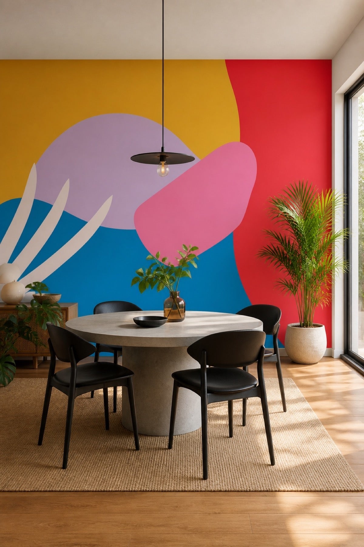 Abstract Memphis West Coast wall mural in a modern dining room with round table and black chairs