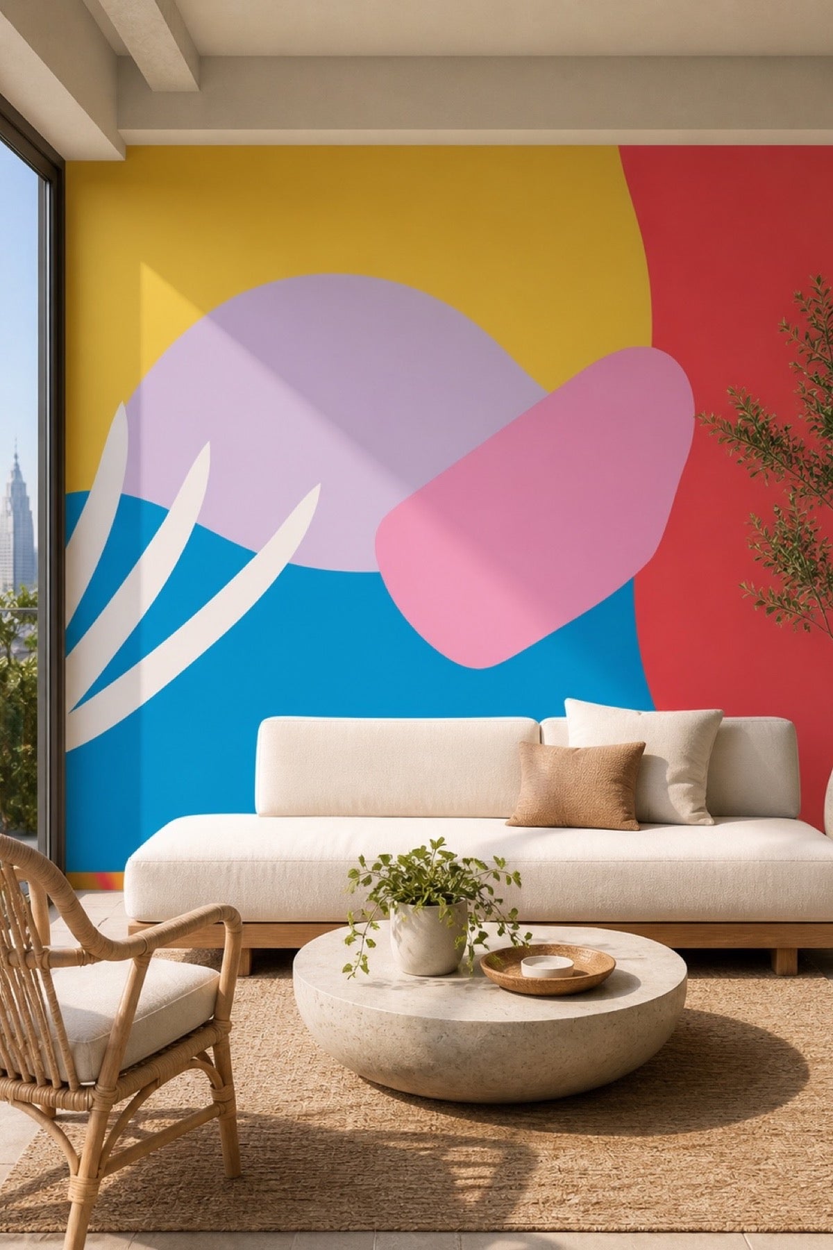 Abstract Memphis West Coast wall mural installed in a bright living room with city skyline view