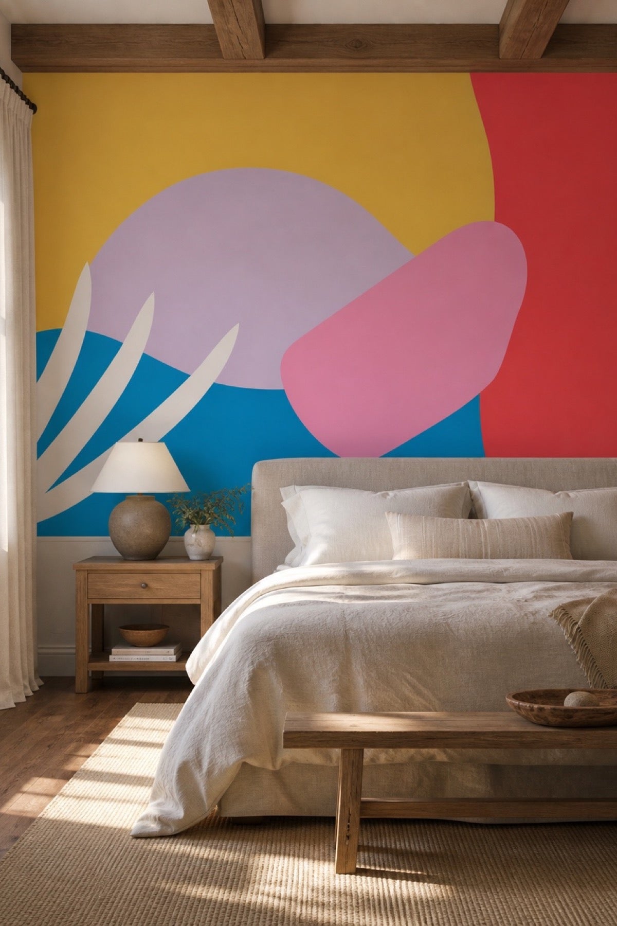 Abstract Memphis West Coast wall mural behind a neutral bed in a cozy bedroom