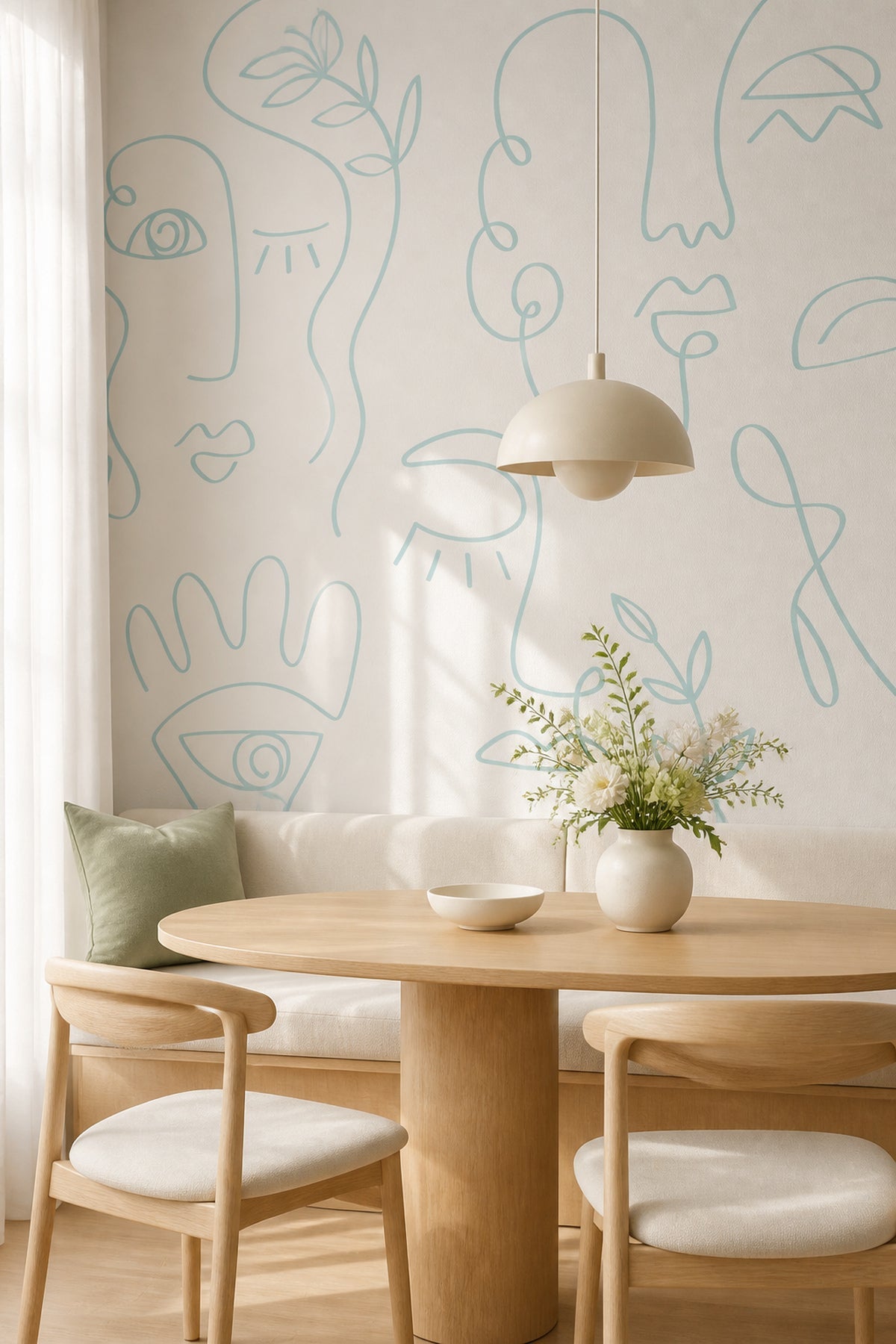 Pale Blue Minimal Abstract Faces Wall Mural in a dining room