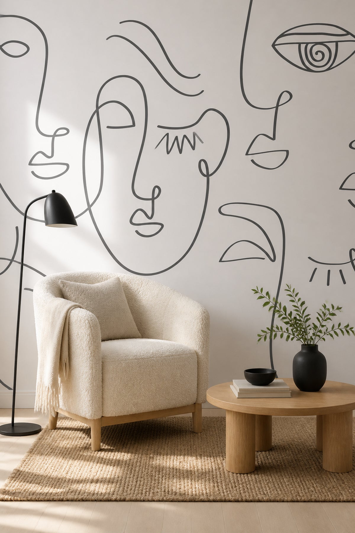 Grey Abstract Line Faces wall mural in a living room