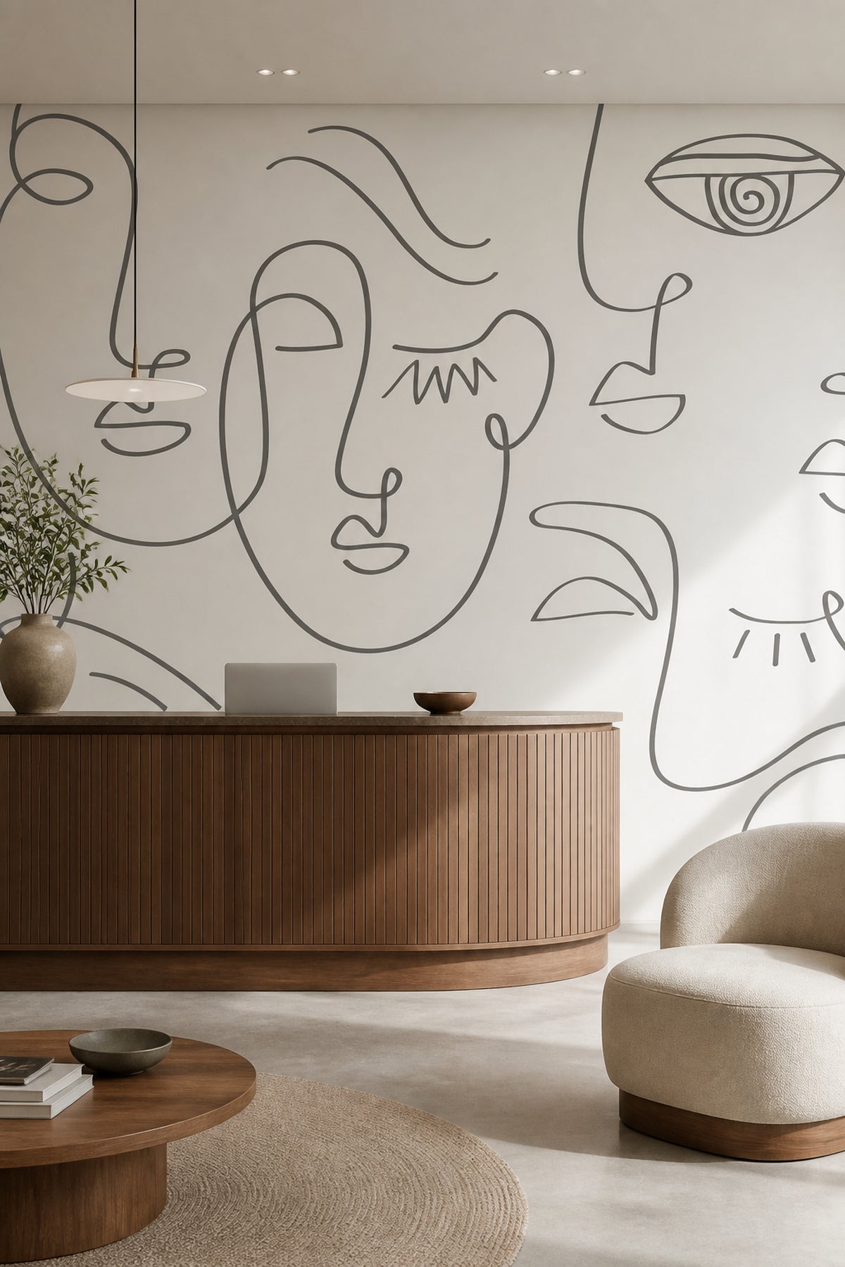 Grey Abstract Line Faces wall mural styled with a wood credenza