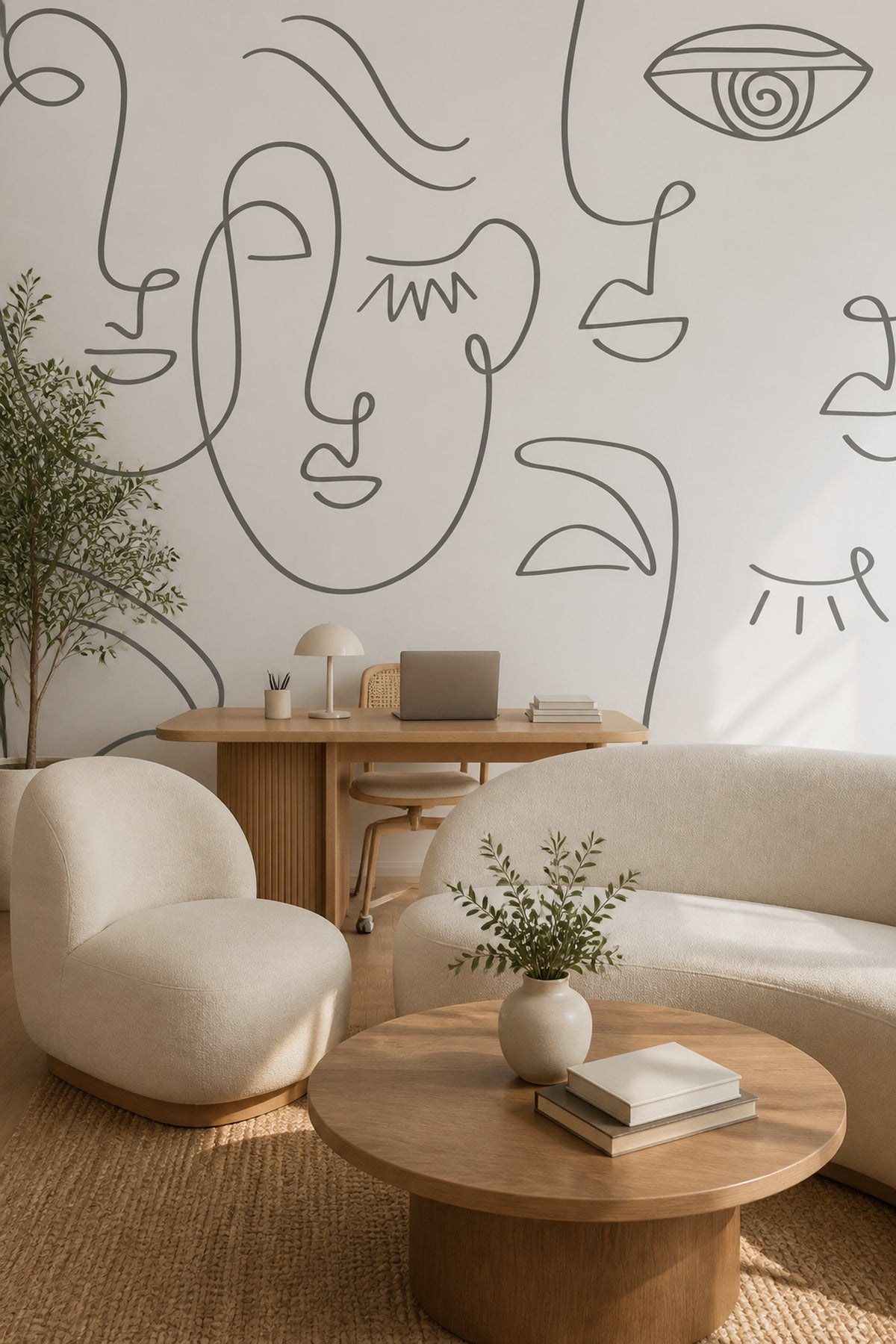 Grey Abstract Line Faces wall mural in a home office and living space