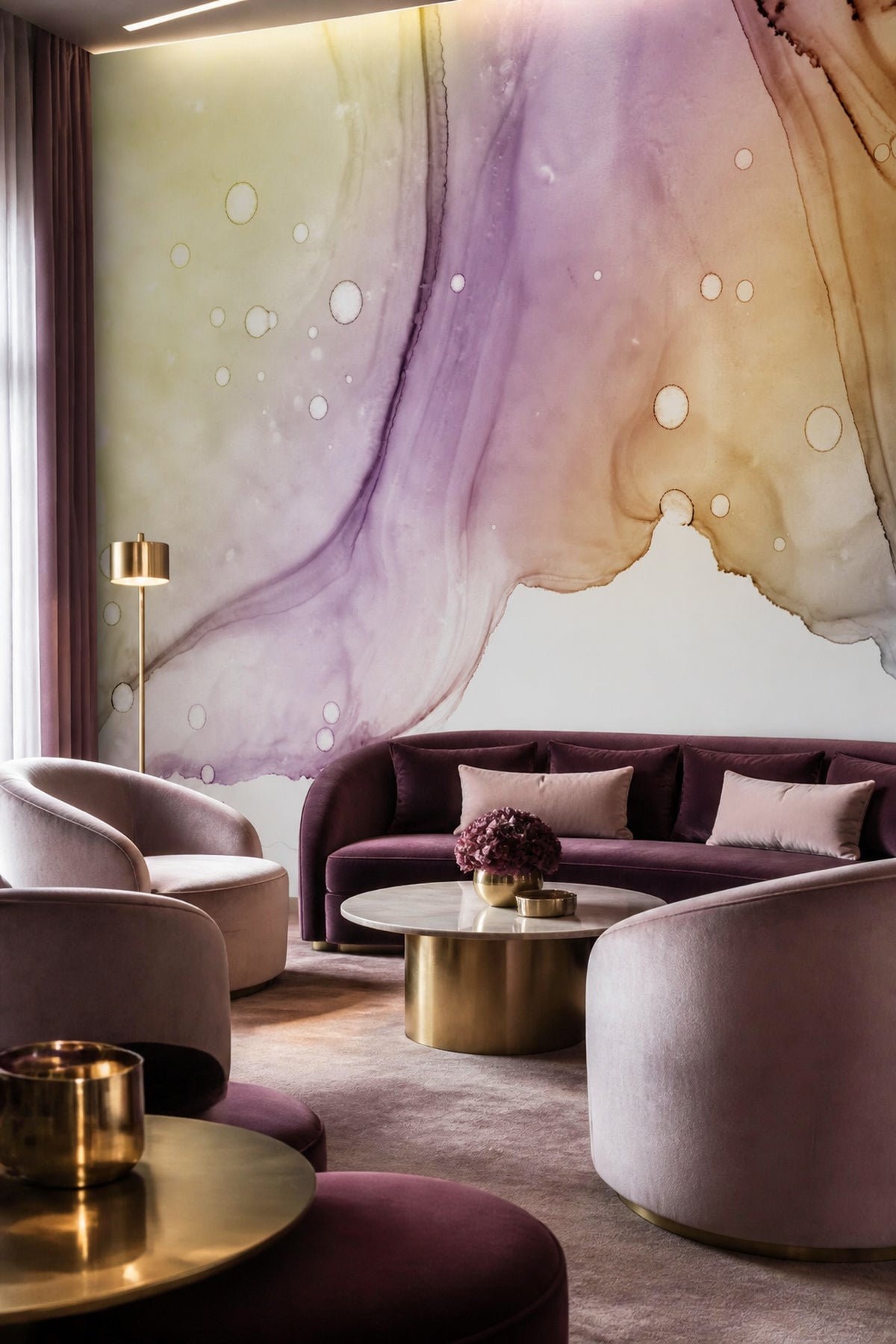 Lucid Rainbow Ink Utopia wall mural in living room with burgundy sofa and floor lamp