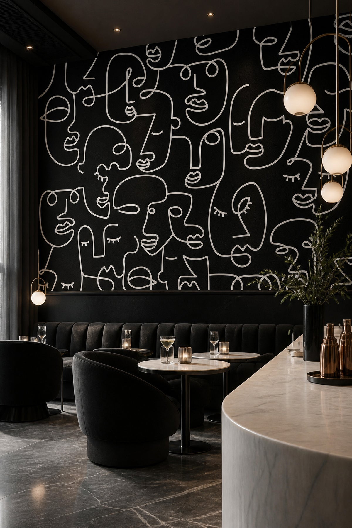 Black Abstract Line Faces wall mural in a modern lounge