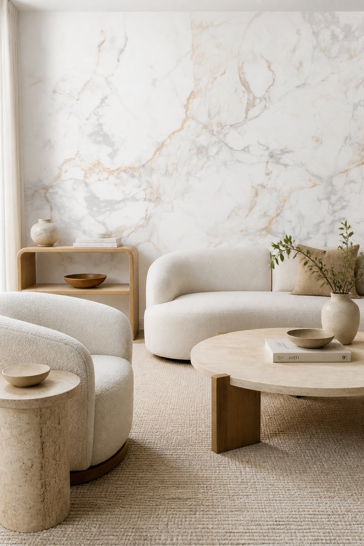 Natural Beige Marble wall mural behind a living room sofa