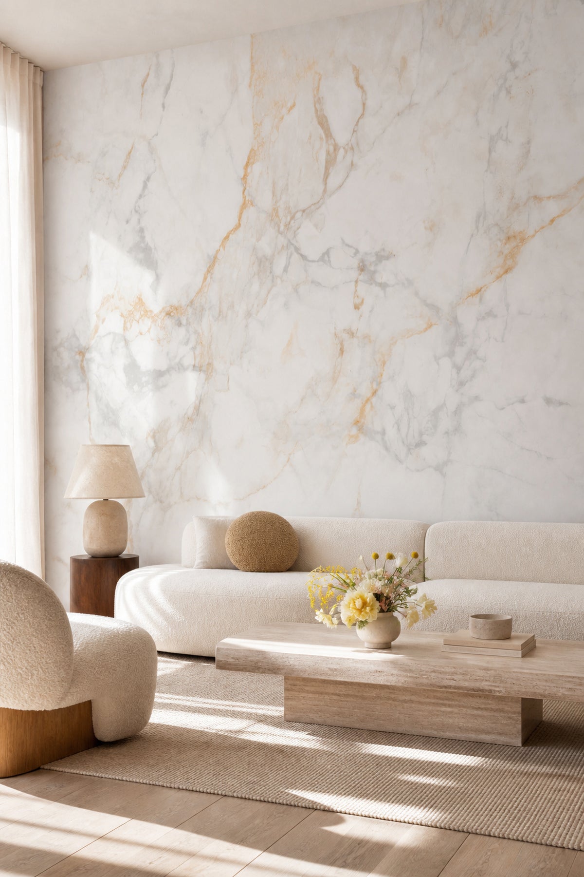 Natural Beige Marble wall mural in a sunlit living room