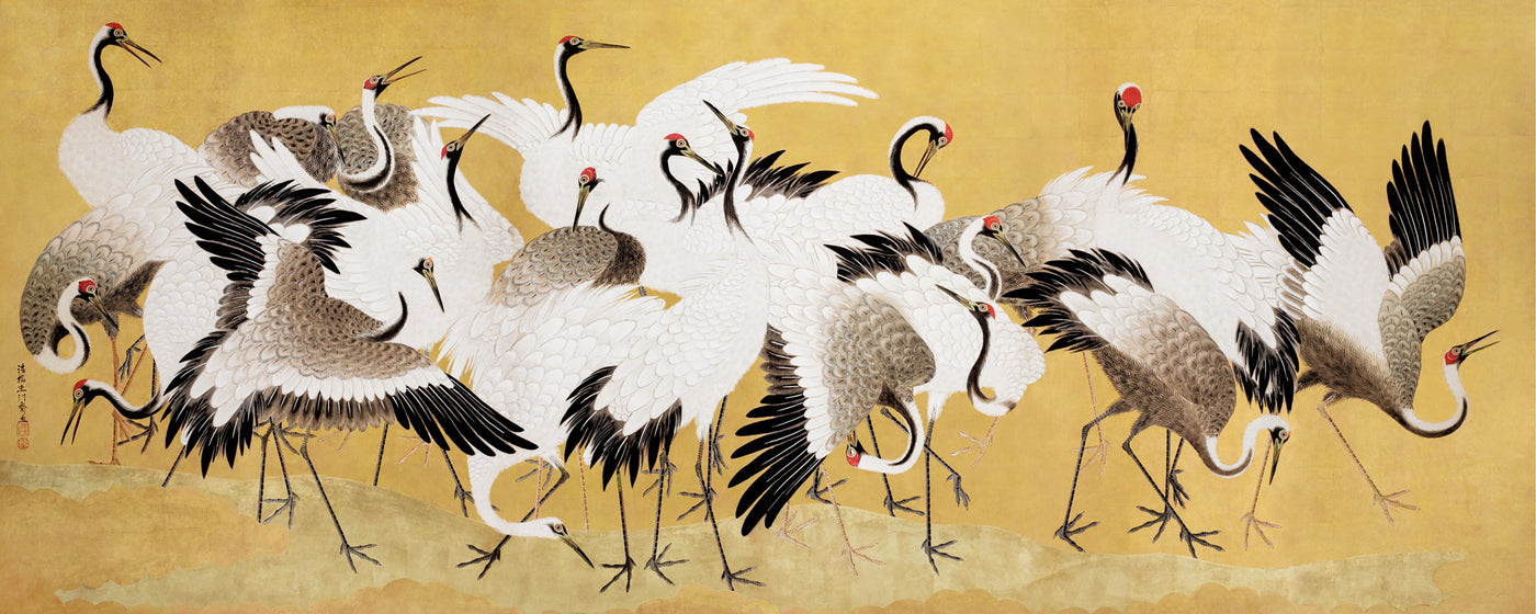 Flock of Elegant Japanese Cranes Panoramic Wall Mural