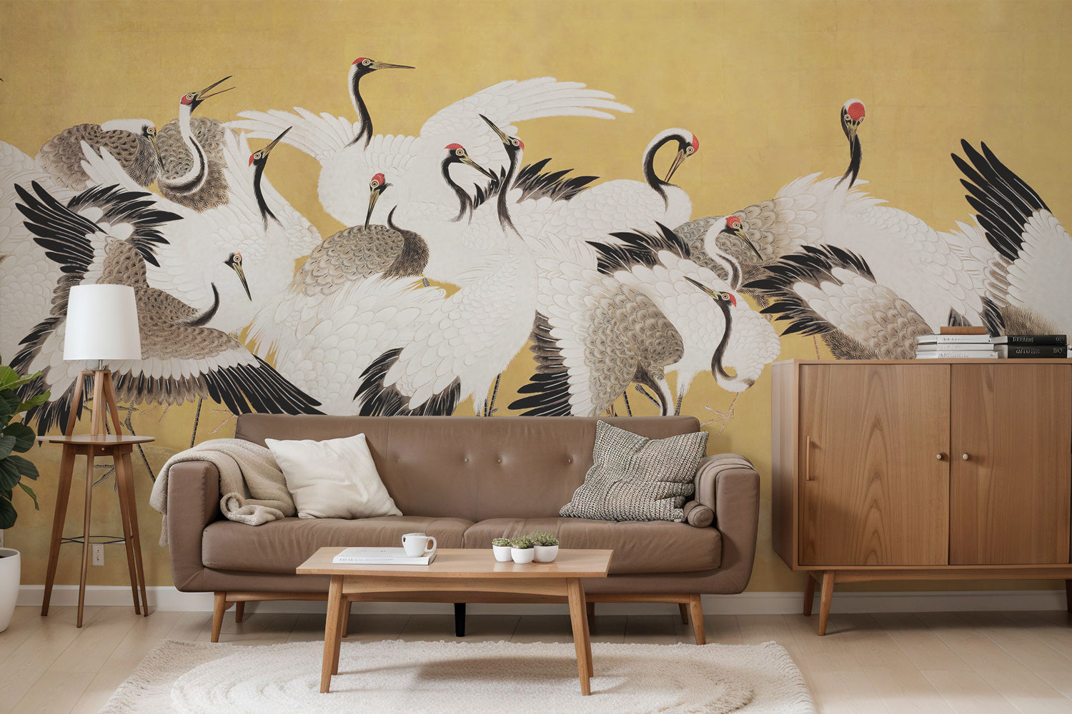 Flock of Elegant Japanese Cranes Panoramic Wall Mural