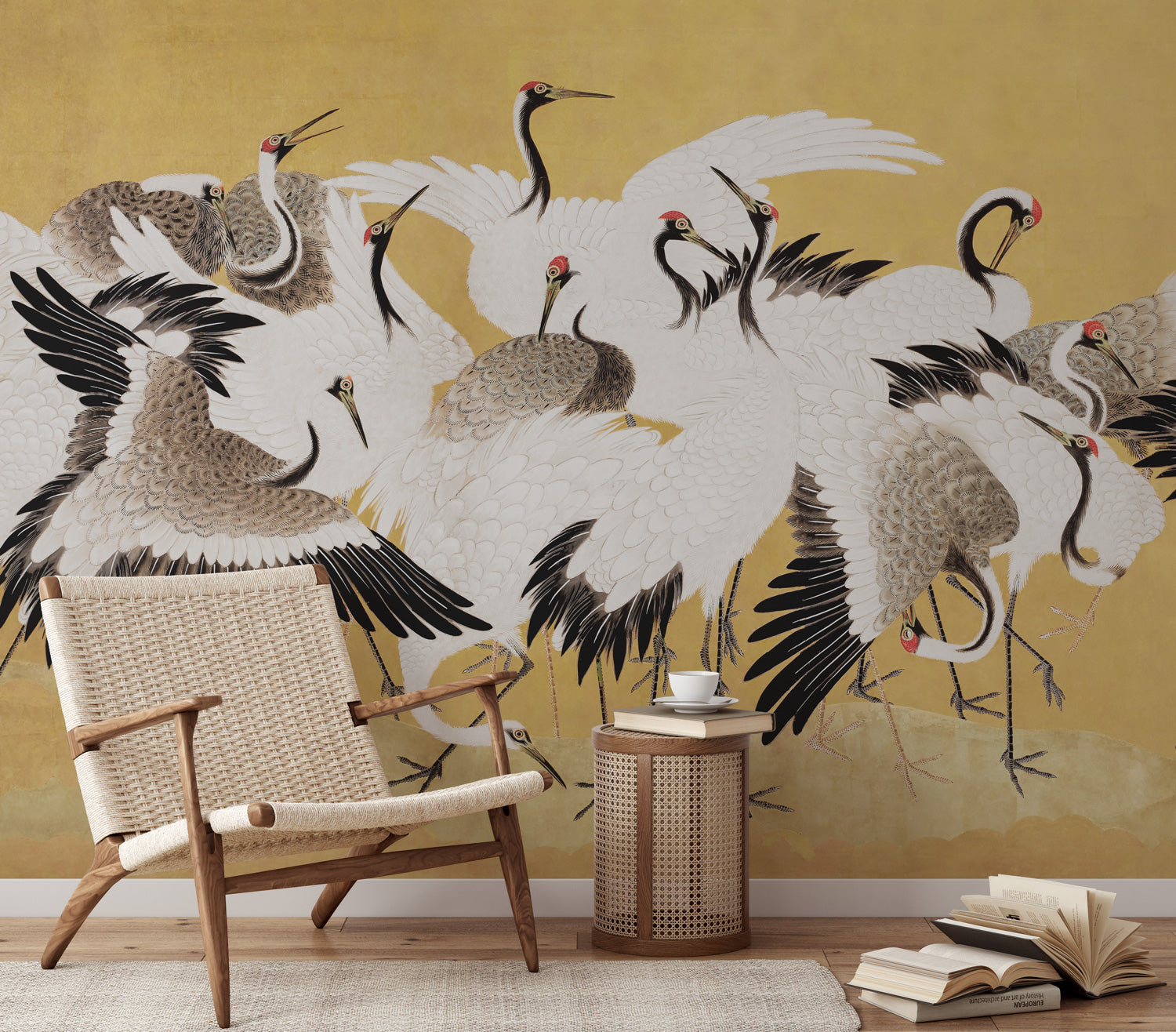 Flock of Elegant Japanese Cranes Panoramic Wall Mural